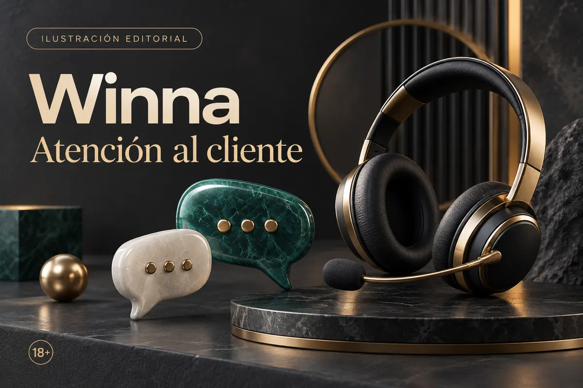 Atención al cliente de Winna: chat y correo; comprueba horarios e idioma. Ilustración editorial.