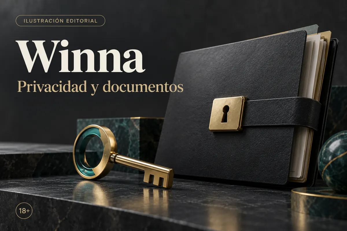 Privacidad y documentos en Winna: verificación de identidad antes del primer retiro. Ilustración editorial.