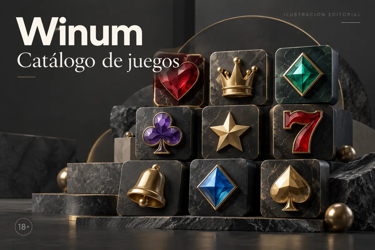 Catálogo de juegos de Winum: tragamonedas, mesas y casino en vivo. Ilustración editorial.
