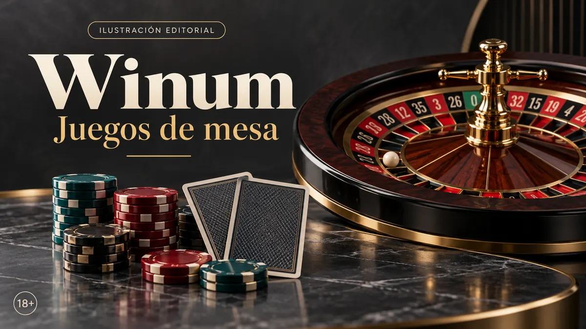 Juegos de mesa en Winum: ruleta, blackjack y bacará. Ilustración editorial.