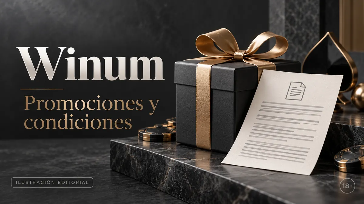 Promociones y condiciones en Winum: revisa el rollover y la apuesta máxima. Ilustración editorial.