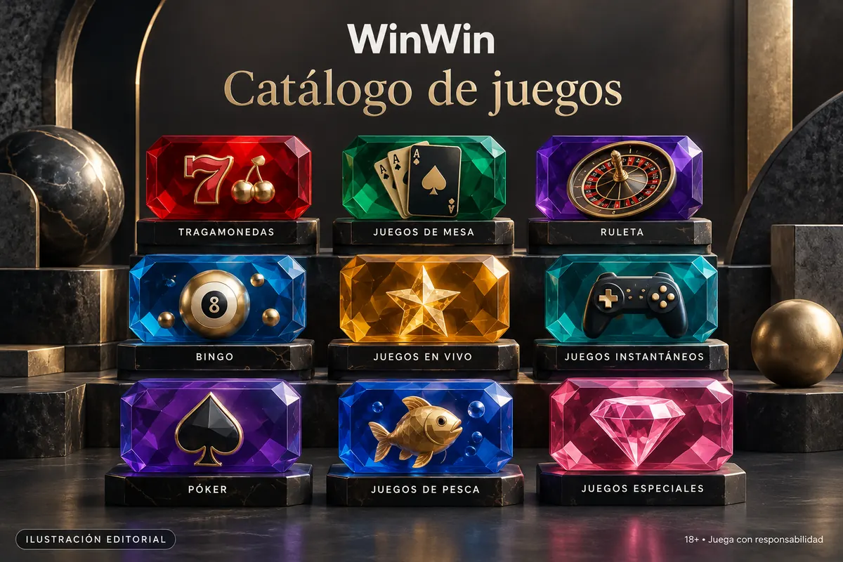 Catálogo de juegos de WinWin: tragamonedas, mesas y casino en vivo. Ilustración editorial.