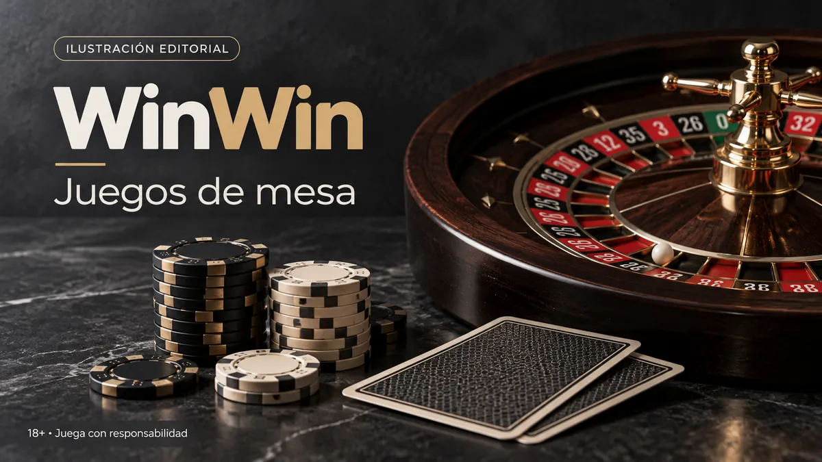 Juegos de mesa en WinWin: ruleta, blackjack y bacará. Ilustración editorial.