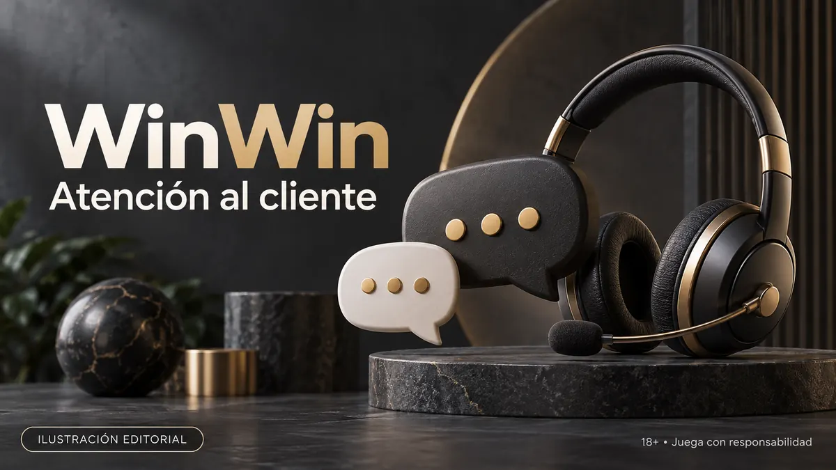 Atención al cliente de WinWin: chat y correo; comprueba horarios e idioma. Ilustración editorial.