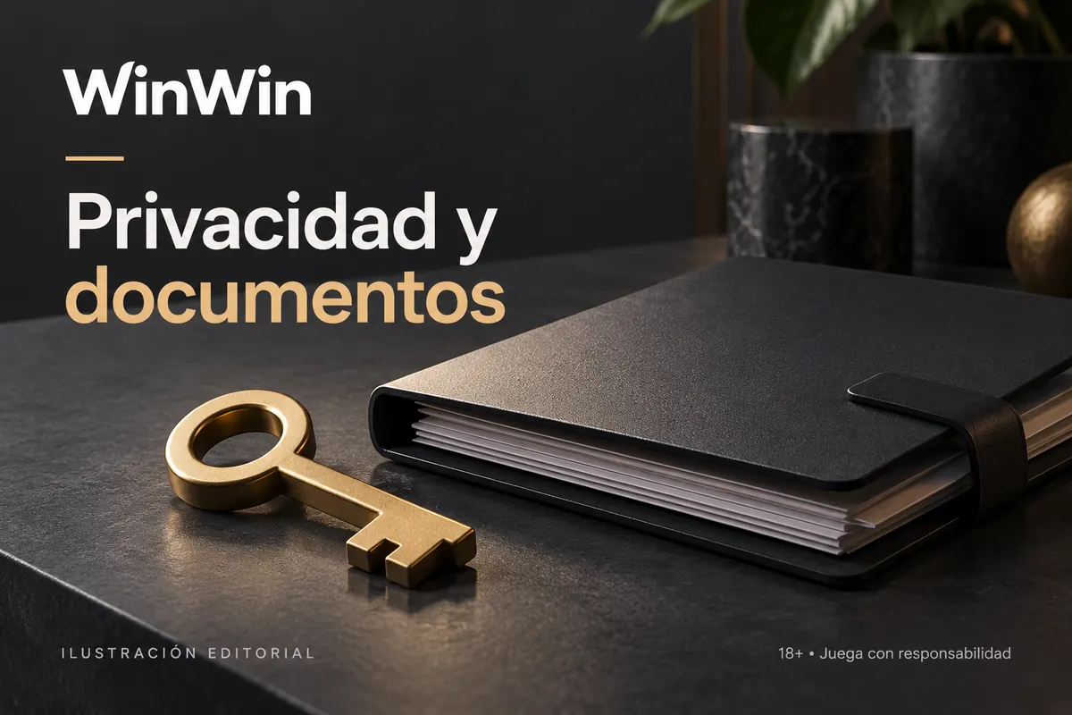 Privacidad y documentos en WinWin: verificación de identidad antes del primer retiro. Ilustración editorial.