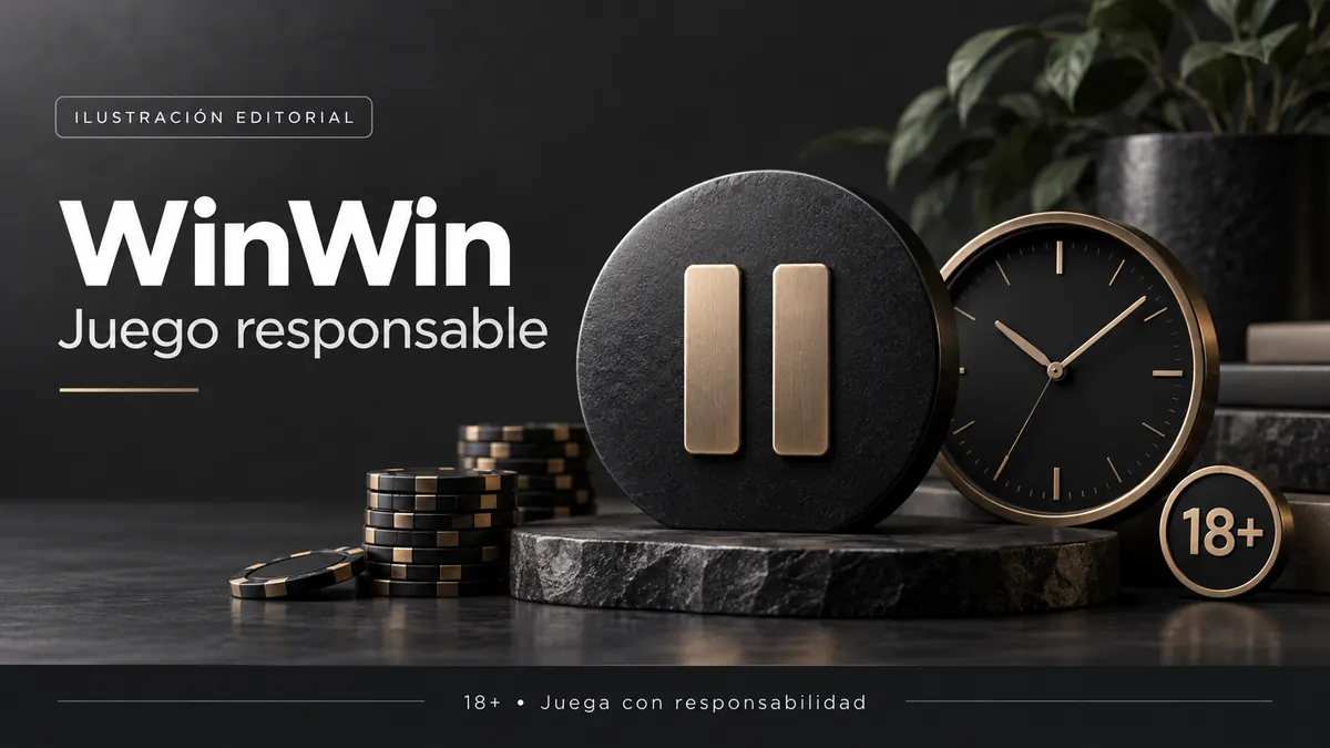 Juego responsable en WinWin: límites de depósito, pausas y autoexclusión. Ilustración editorial.