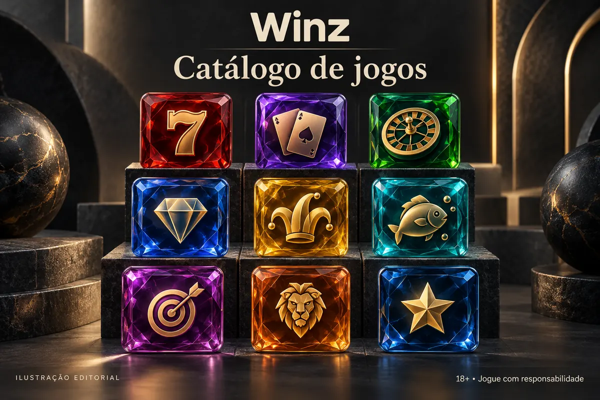 Catálogo de jogos de Winz.io: slots, mesas e cassino ao vivo. Ilustração editorial.