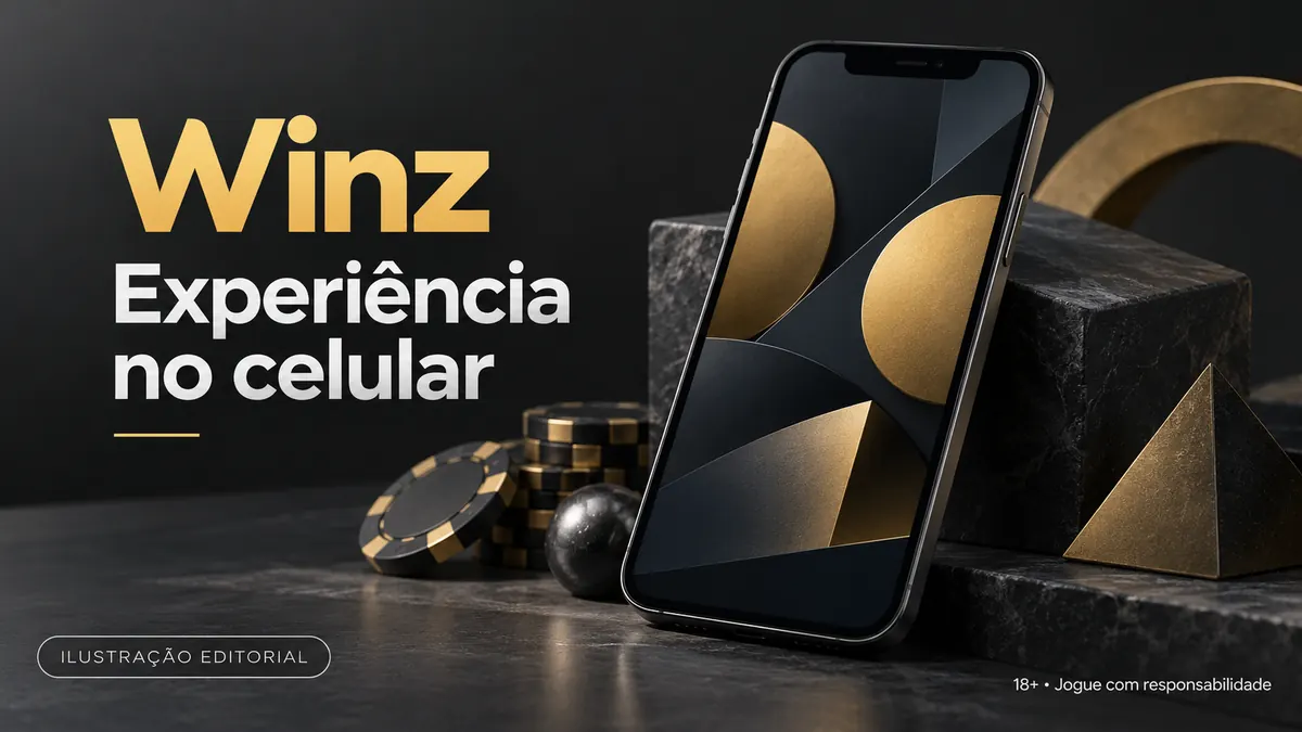 Winz.io no celular: funciona pelo navegador, o app é opcional. Ilustração editorial.