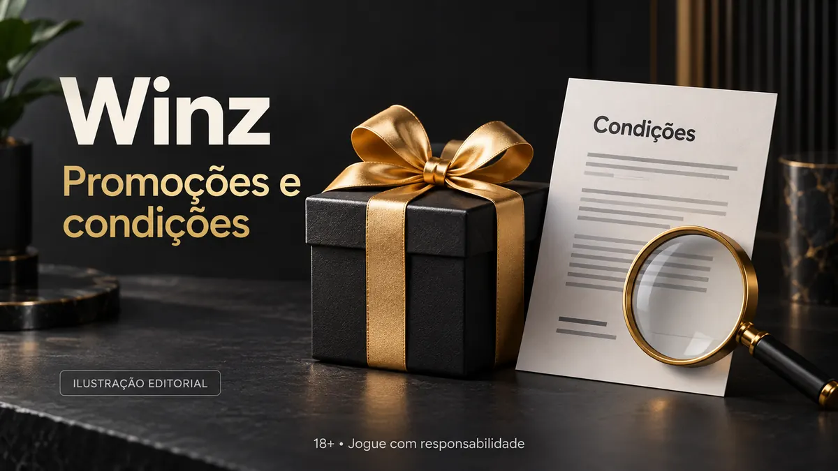 Promoções e condições em Winz.io: confira o rollover e a aposta máxima. Ilustração editorial.