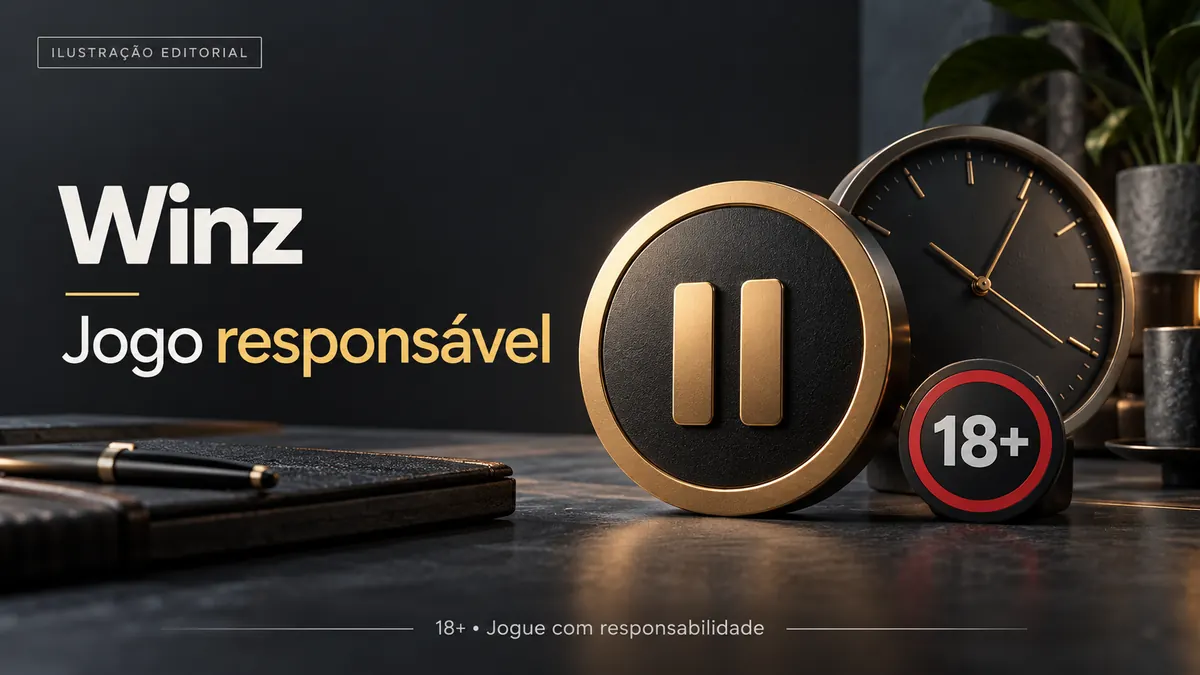 Jogo responsável em Winz.io: limites de depósito, pausas e autoexclusão. Ilustração editorial.