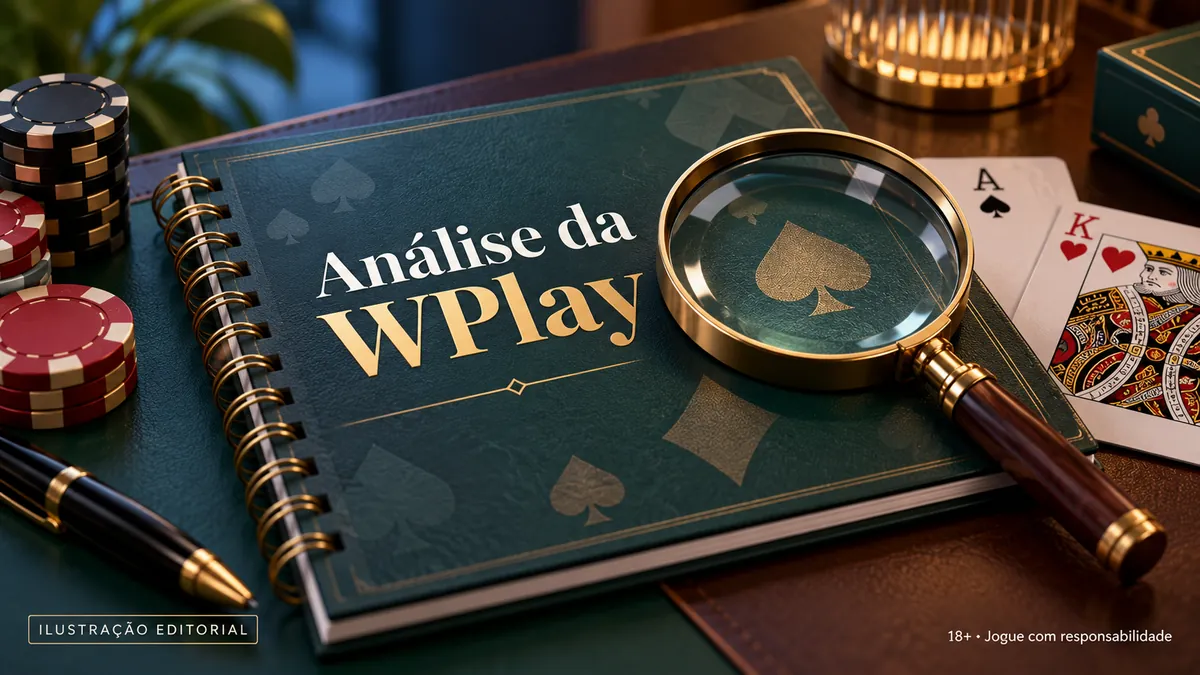 Caderno verde com o título Análise da WPlay sob lupa, fichas e cartas