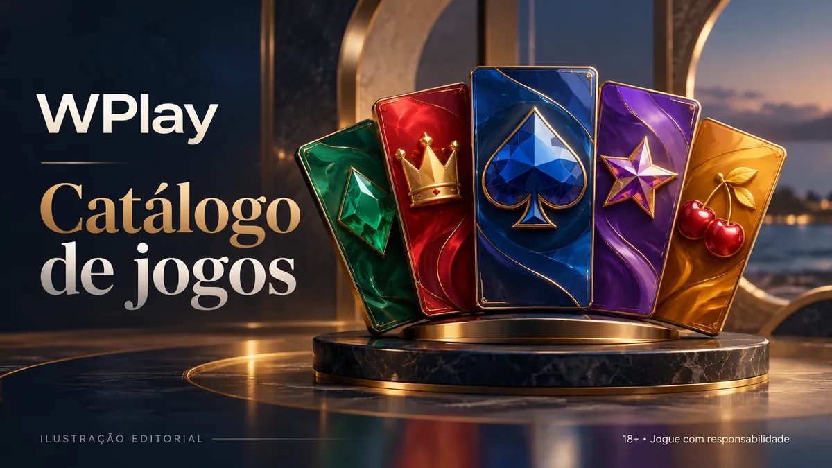 Cartas com coroa, diamante, estrela e cerejas em pedestal, título WPlay Catálogo de jogos