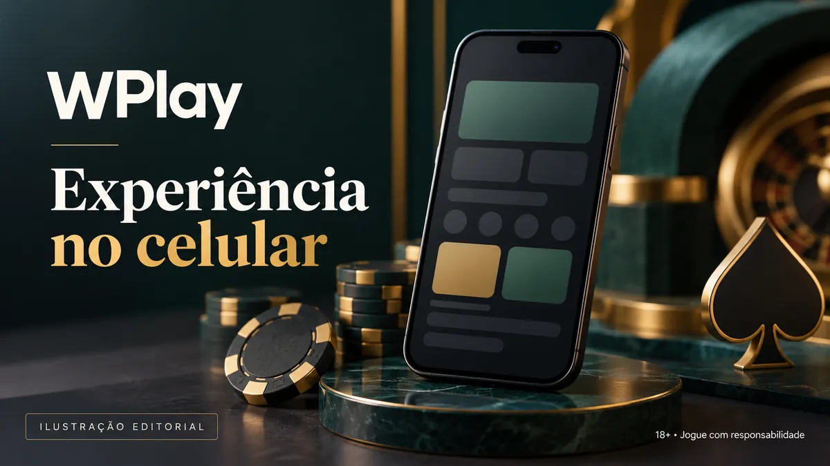 Celular com blocos na tela, fichas e um naipe de espadas dourado, título Experiência no celular