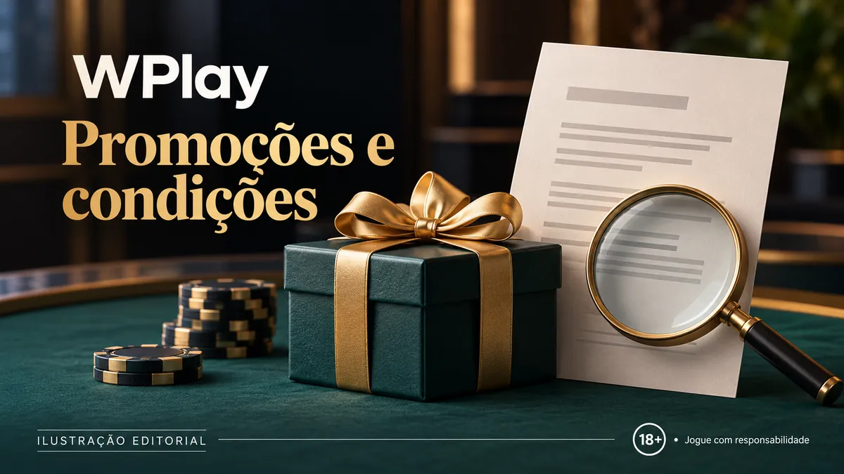 Presente verde com laço dourado e documento com lupa, título Promoções e condições