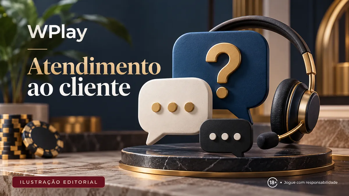 Balões de conversa, ponto de interrogação e headset dourado, título Atendimento ao cliente
