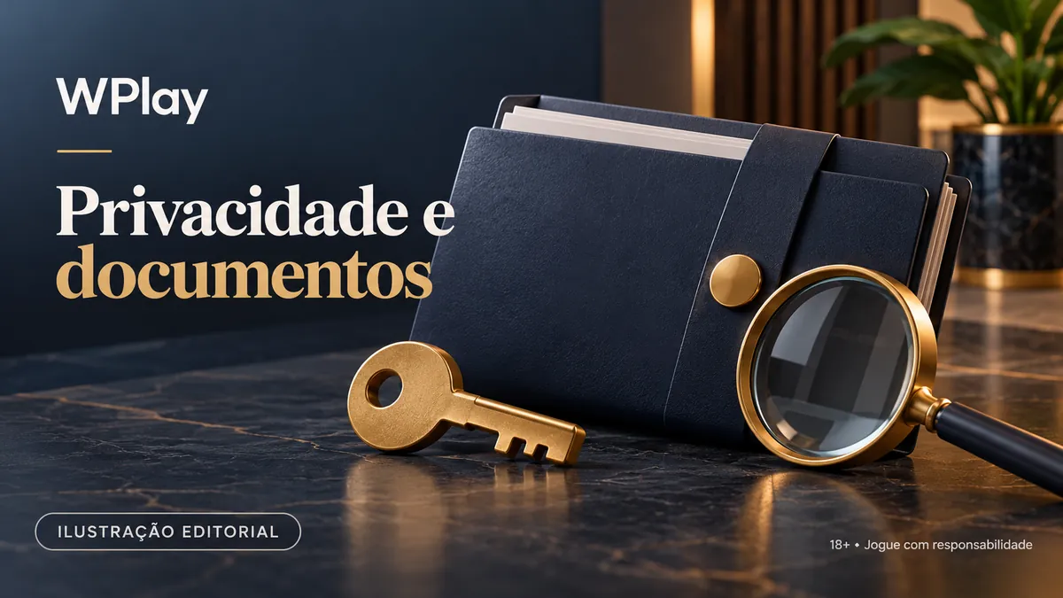 Carteira de documentos azul-escura, chave dourada e lupa, título Privacidade e documentos