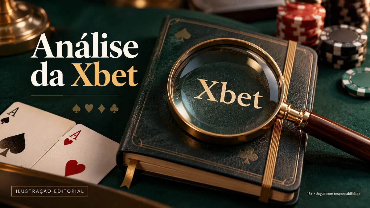 Lupa sobre livro verde com o nome Xbet, ases e fichas na mesa