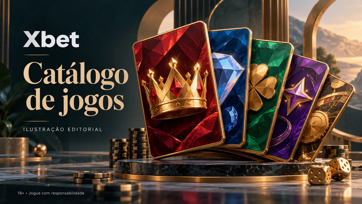 Cartas com coroa, diamante e trevo em pedestal, título Xbet Catálogo de jogos