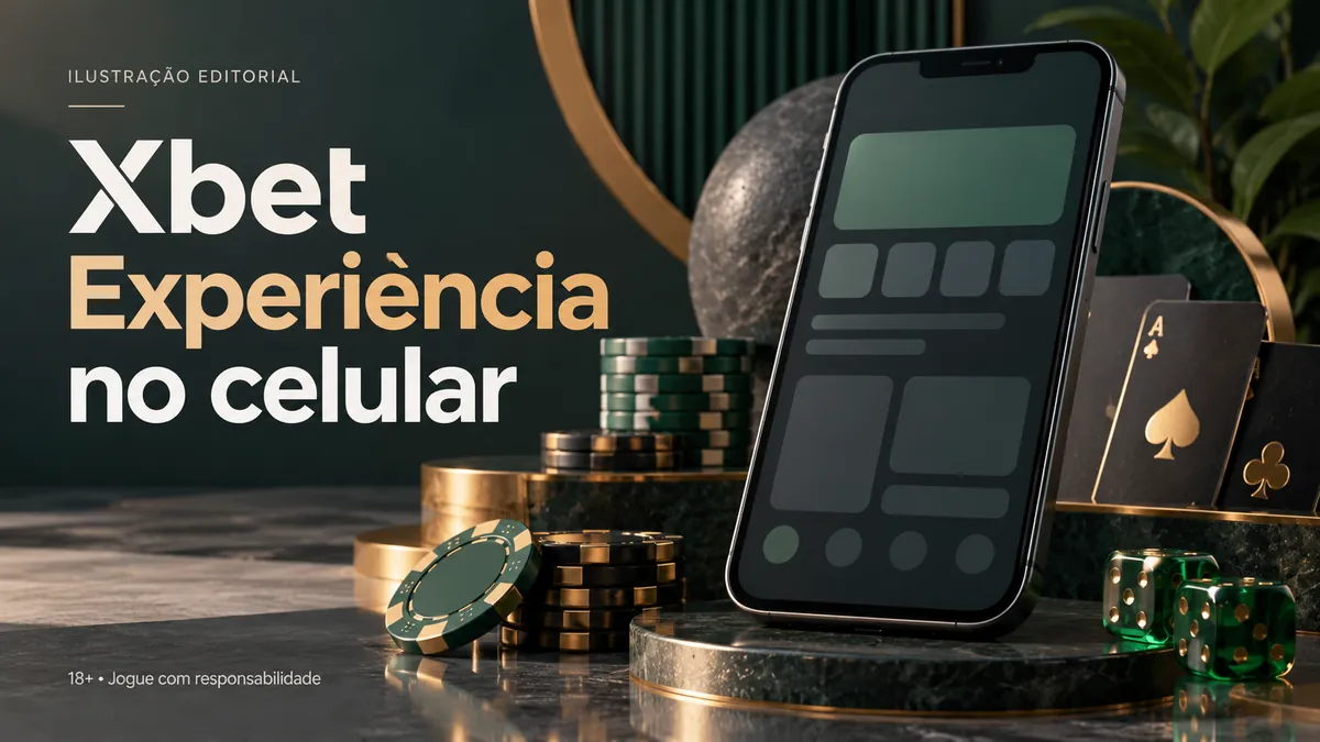 Celular com interface escura entre fichas verdes e cartas, título Experiência no celular