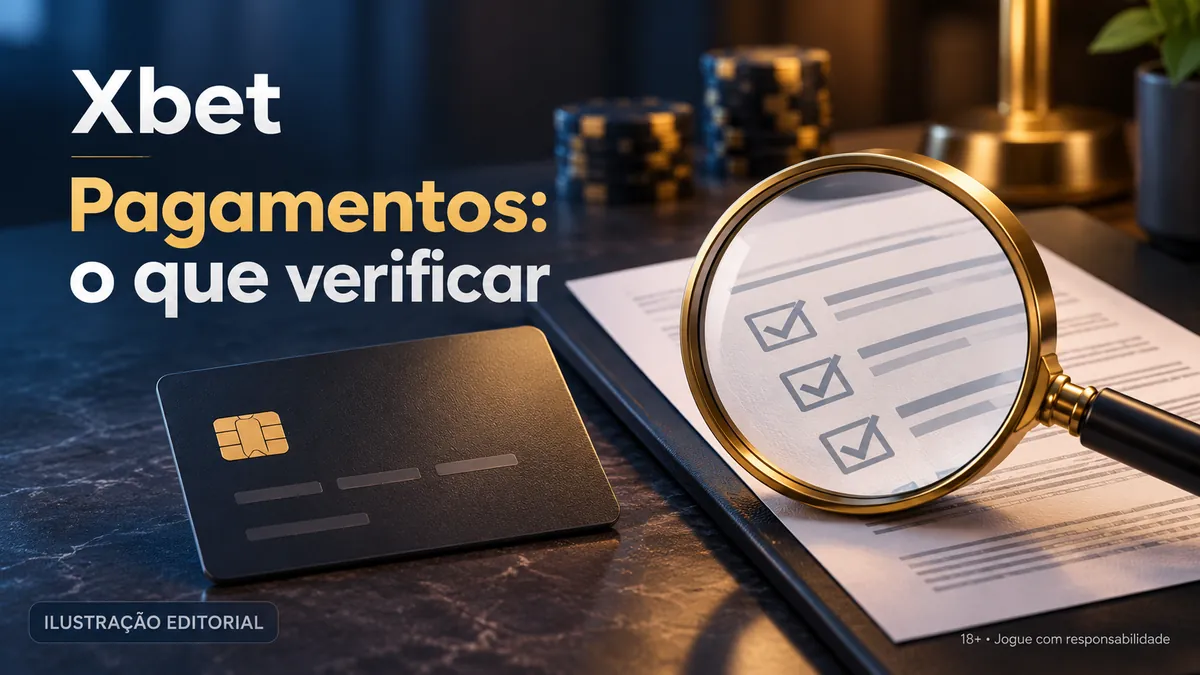Cartão preto e checklist sob lupa em fundo azul, título Pagamentos: o que verificar