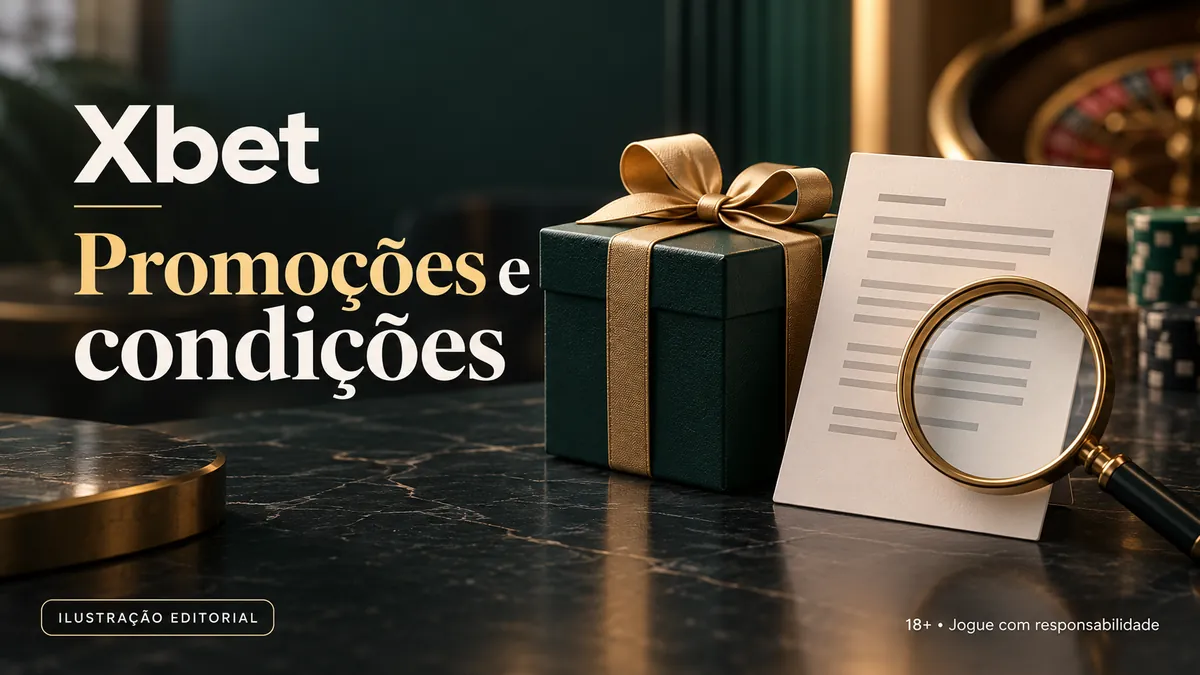Presente com laço dourado e regulamento sob lupa, título Promoções e condições