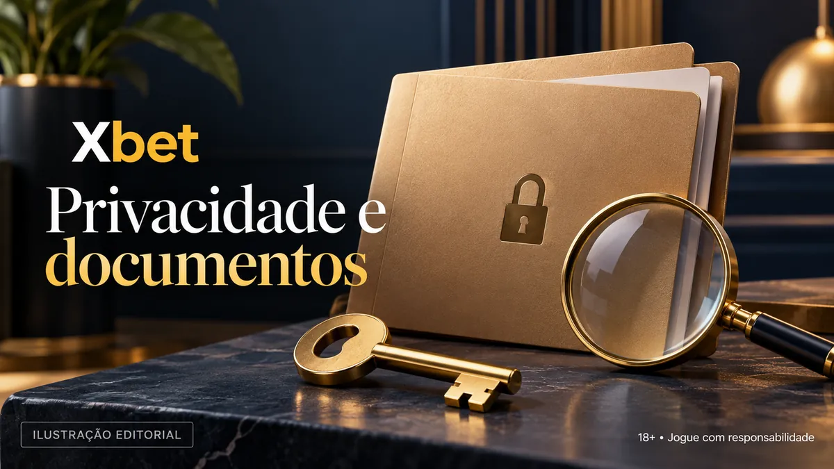 Pasta dourada com cadeado, chave e lupa, título Privacidade e documentos