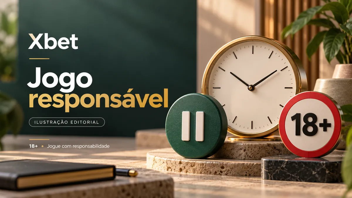 Relógio, botão de pausa e placa 18+ ao lado de um caderno, título Jogo responsável