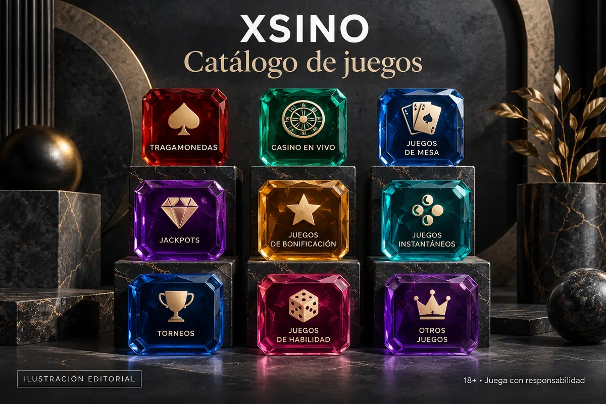 Catálogo de juegos de XSINO: tragamonedas, mesas y casino en vivo. Ilustración editorial.