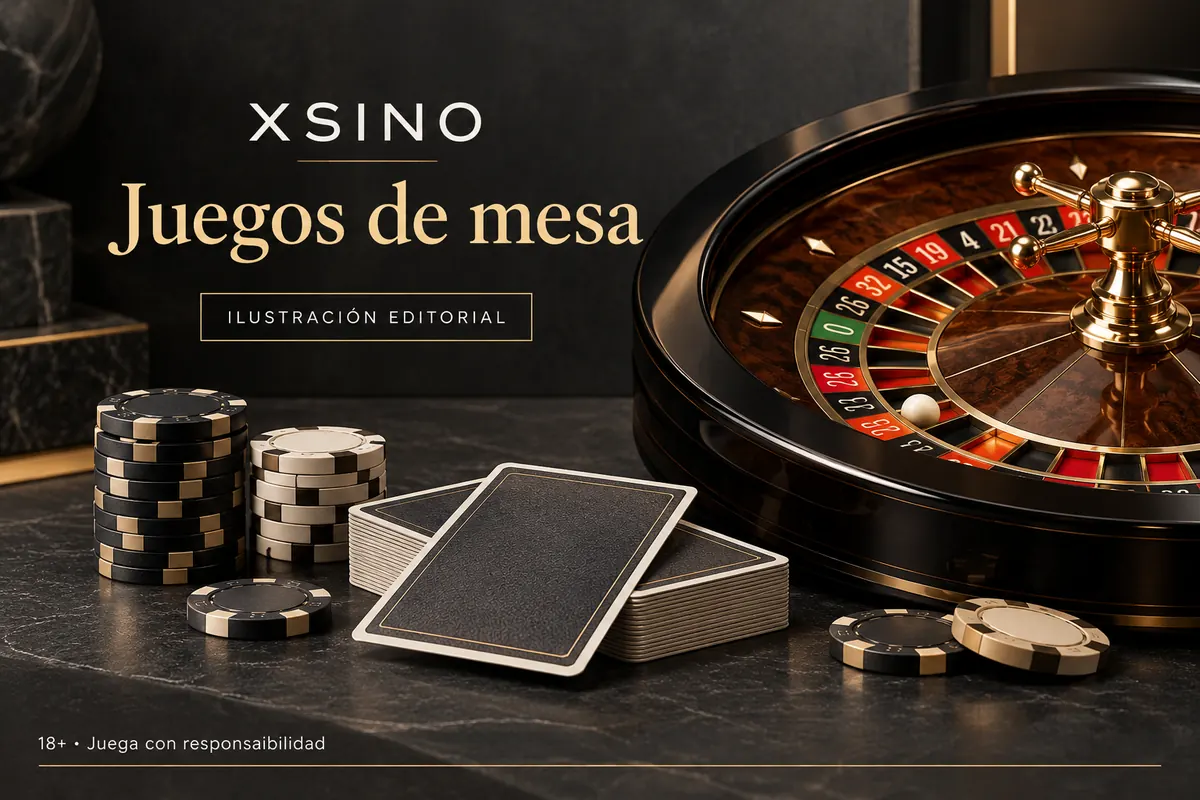 Juegos de mesa en XSINO: ruleta, blackjack y bacará. Ilustración editorial.