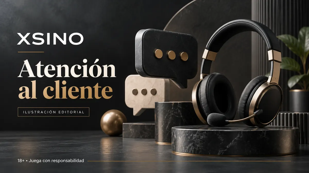 Atención al cliente de XSINO: chat y correo; comprueba horarios e idioma. Ilustración editorial.