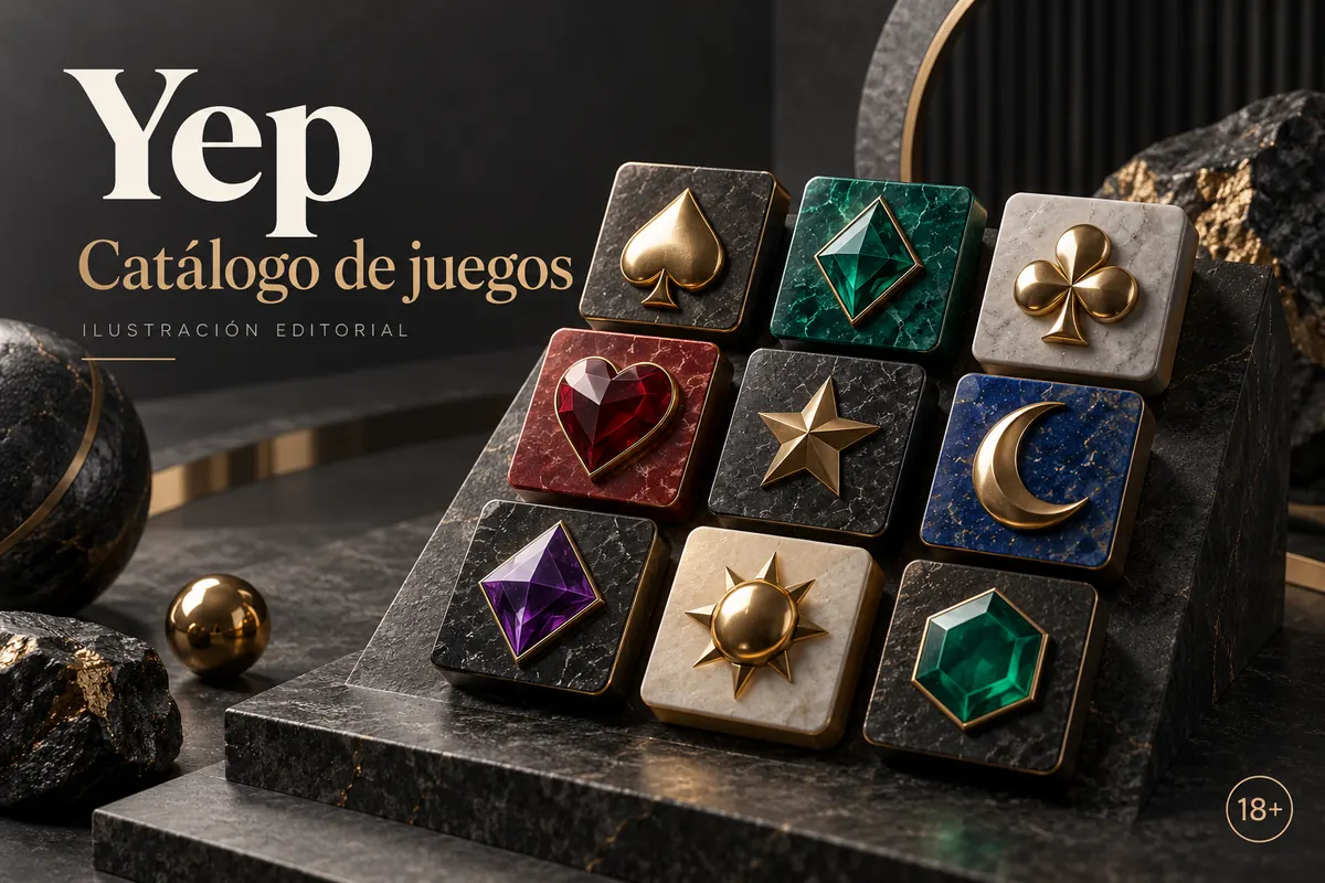 Catálogo de juegos de Yep Casino: tragamonedas, mesas y casino en vivo. Ilustración editorial.