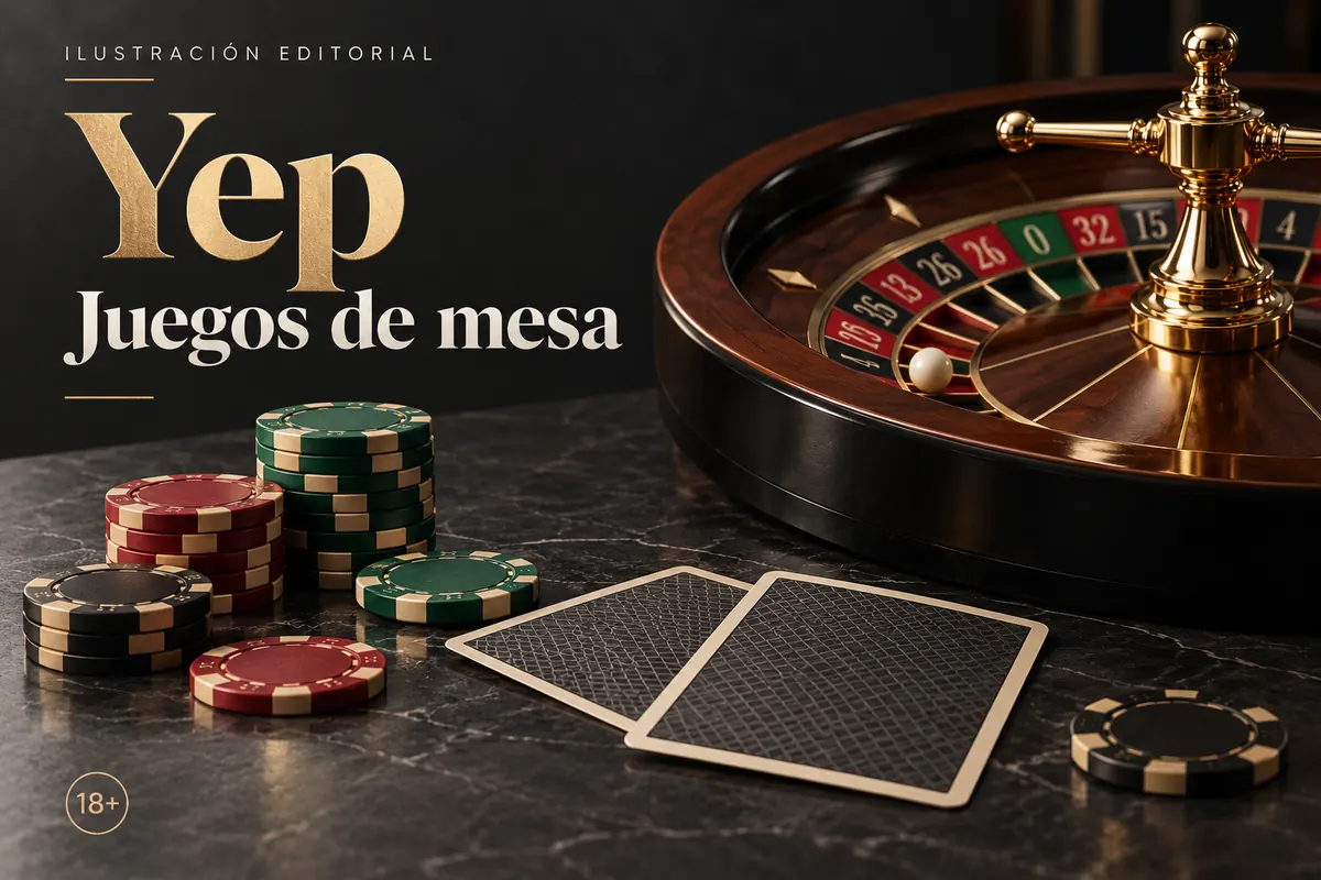 Juegos de mesa en Yep Casino: ruleta, blackjack y bacará. Ilustración editorial.