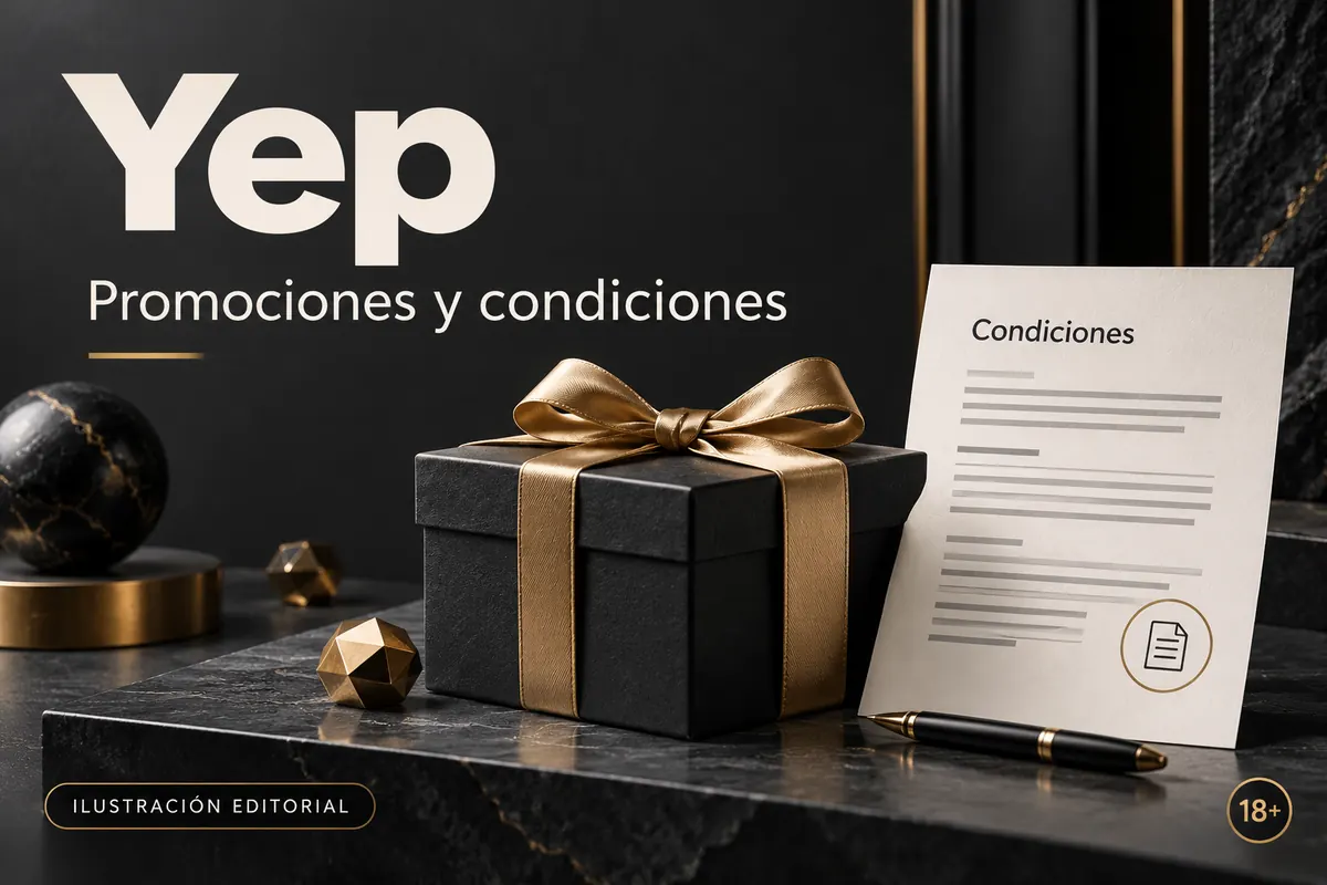Promociones y condiciones en Yep Casino: revisa el rollover y la apuesta máxima. Ilustración editorial.