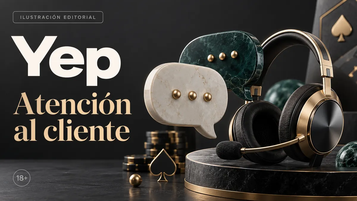 Atención al cliente de Yep Casino: chat y correo; comprueba horarios e idioma. Ilustración editorial.