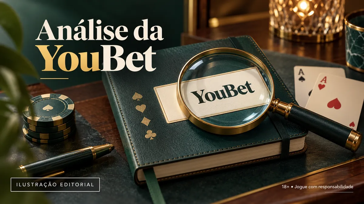 Caderno com etiqueta YouBet sob uma lupa dourada, cartas e fichas ao lado