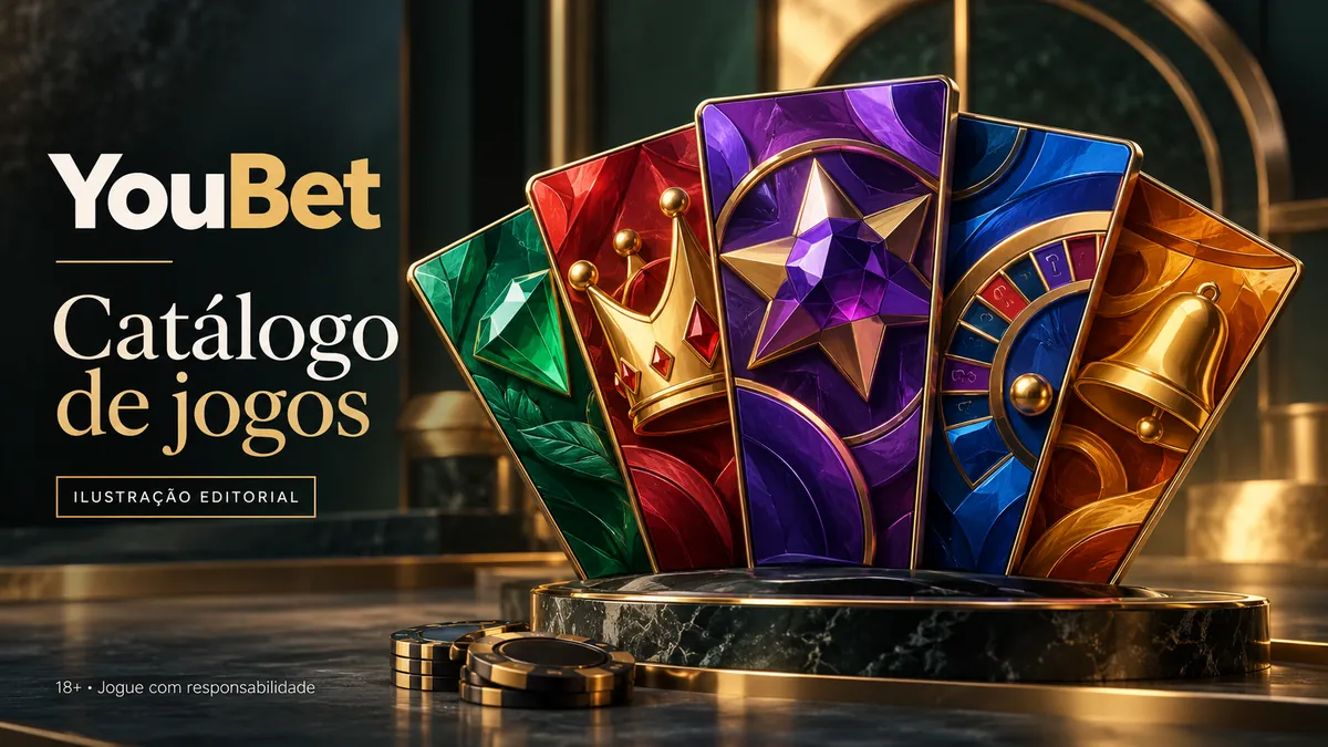 Leque de cartas coloridas com coroa, estrela e sino sobre pedestal