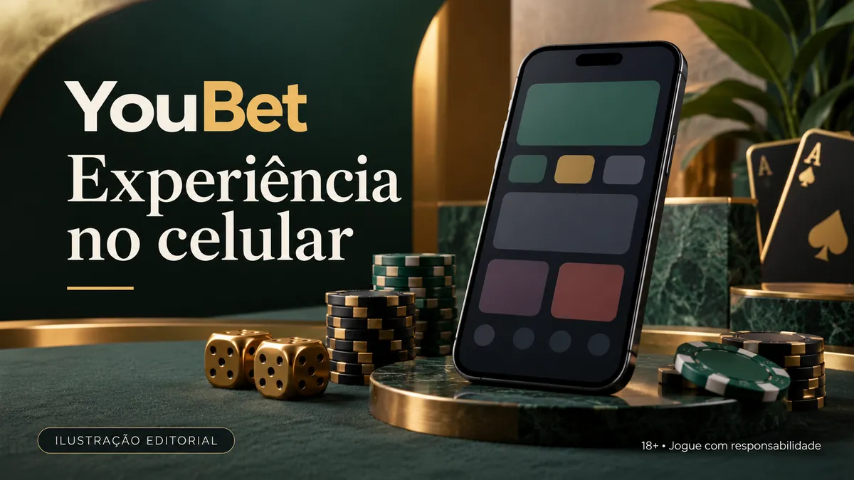 Celular com tela genérica cercado de fichas, dados e cartas