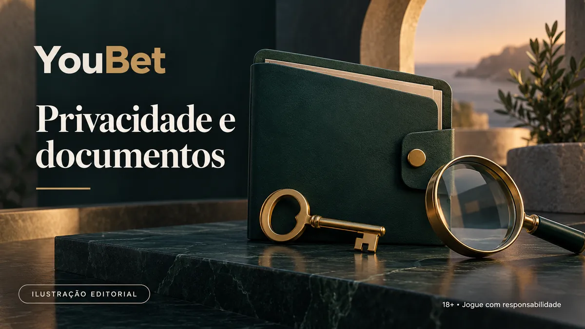 Carteira de couro verde, lupa e chave dourada diante de uma janela