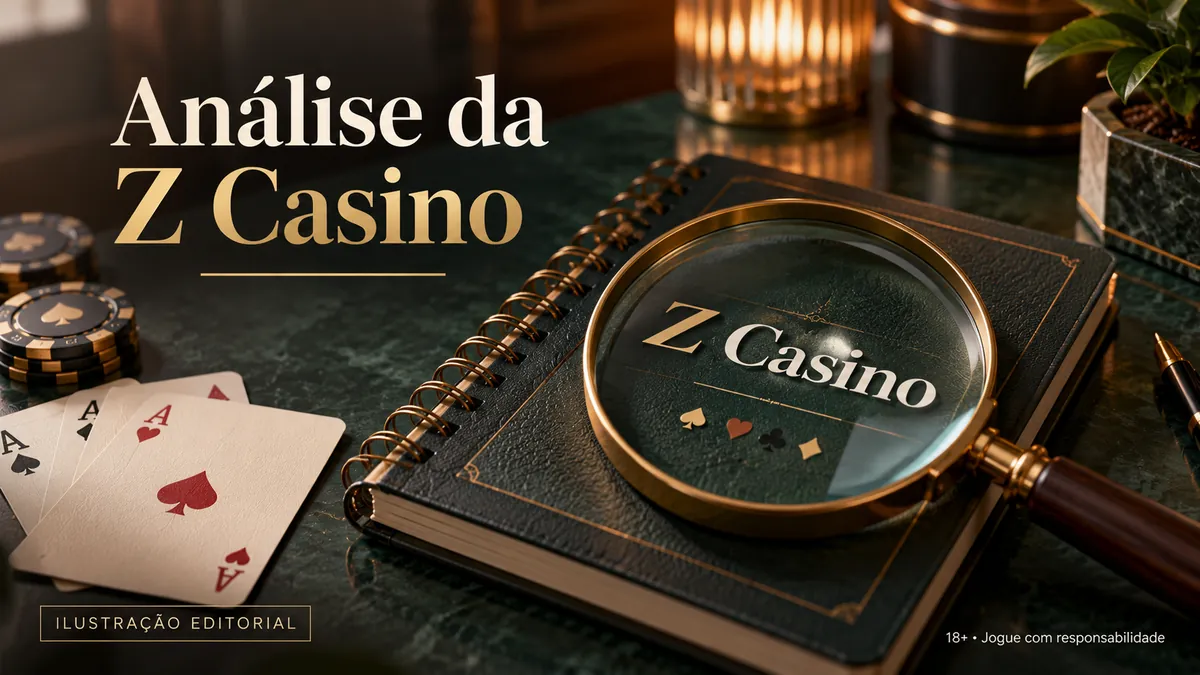 Caderno escuro com 'Z Casino' gravado, lupa dourada e cartas